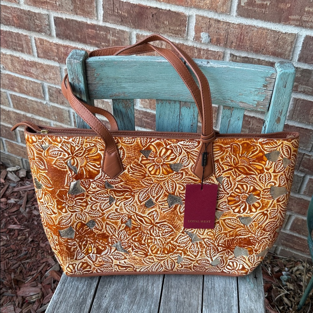 Loyal West California Poppy Large Tote Bag~Golden Floral Leather